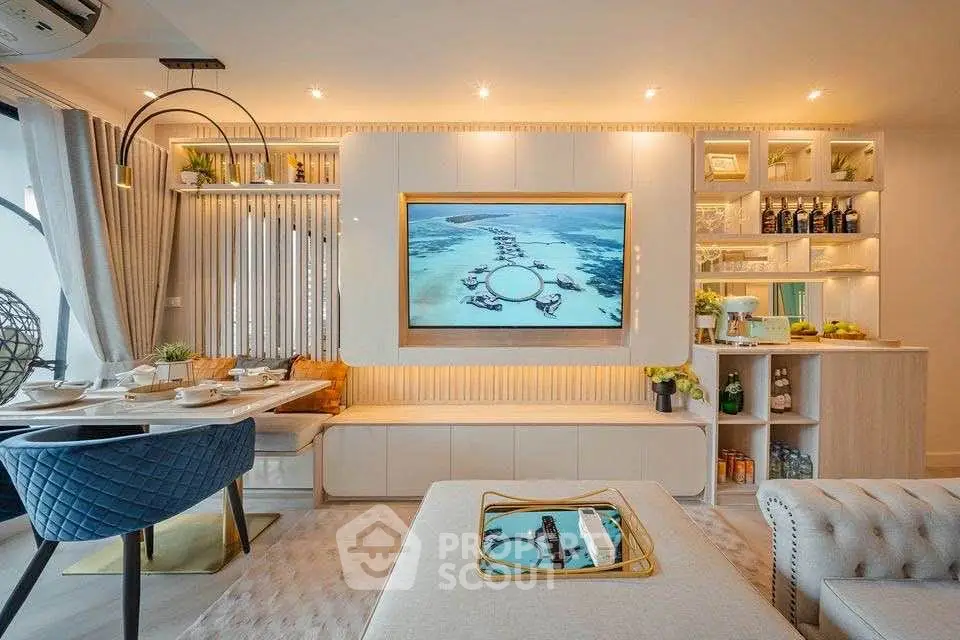Luxurious modern living room with elegant decor and built-in shelving, perfect for stylish urban living.