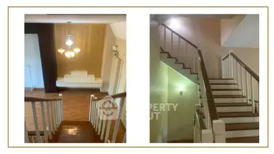 Elegant staircase and cozy living area with chandelier in modern home