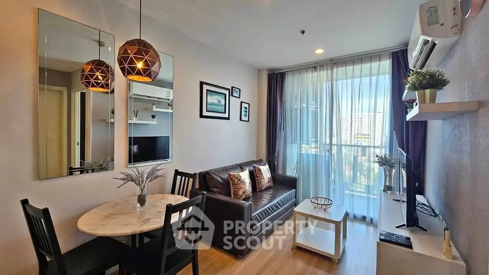 Chic modern living room with stylish decor and natural light in urban apartment