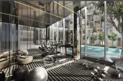 Luxurious gym with modern equipment and pool view in upscale residential building.