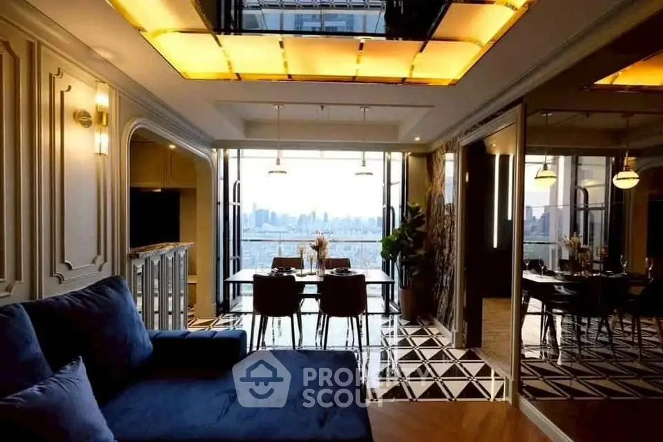 Luxurious living room with stunning city view and elegant interior design