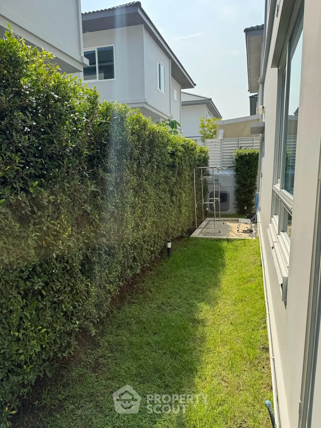 Charming side garden with lush greenery and modern house exterior, perfect for relaxation and outdoor activities.