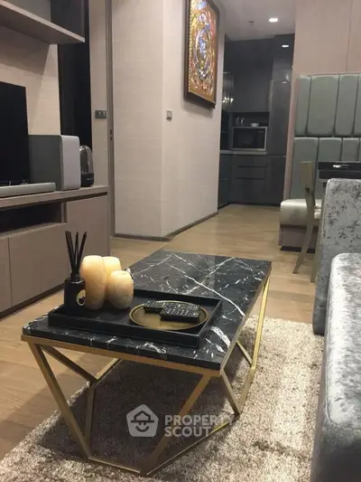 Modern living room with elegant marble coffee table and stylish decor