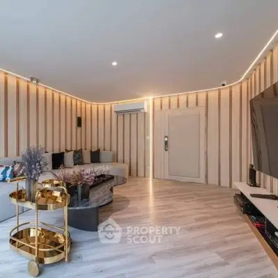 Stylish modern living room with elegant decor and ambient lighting