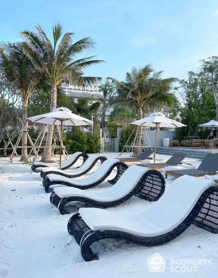 Luxurious beachfront property with stylish lounge chairs and palm trees, perfect for relaxation and tropical living.