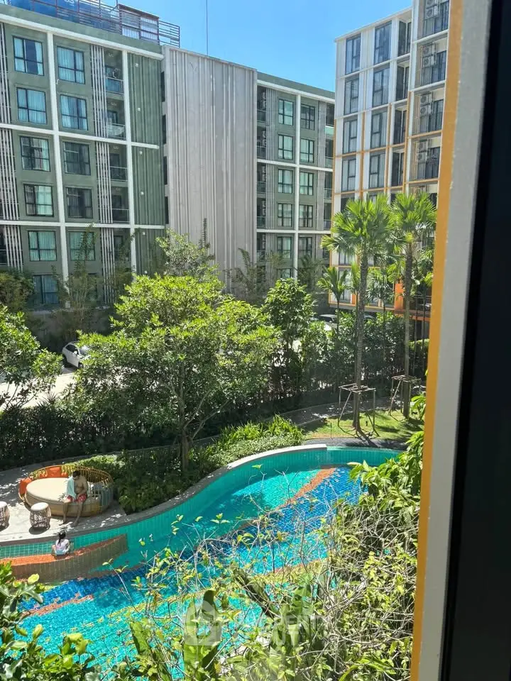 Modern apartment complex with lush garden and inviting swimming pool view.