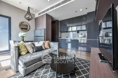 Luxurious modern living room with sleek kitchen and stylish decor in a high-end apartment.