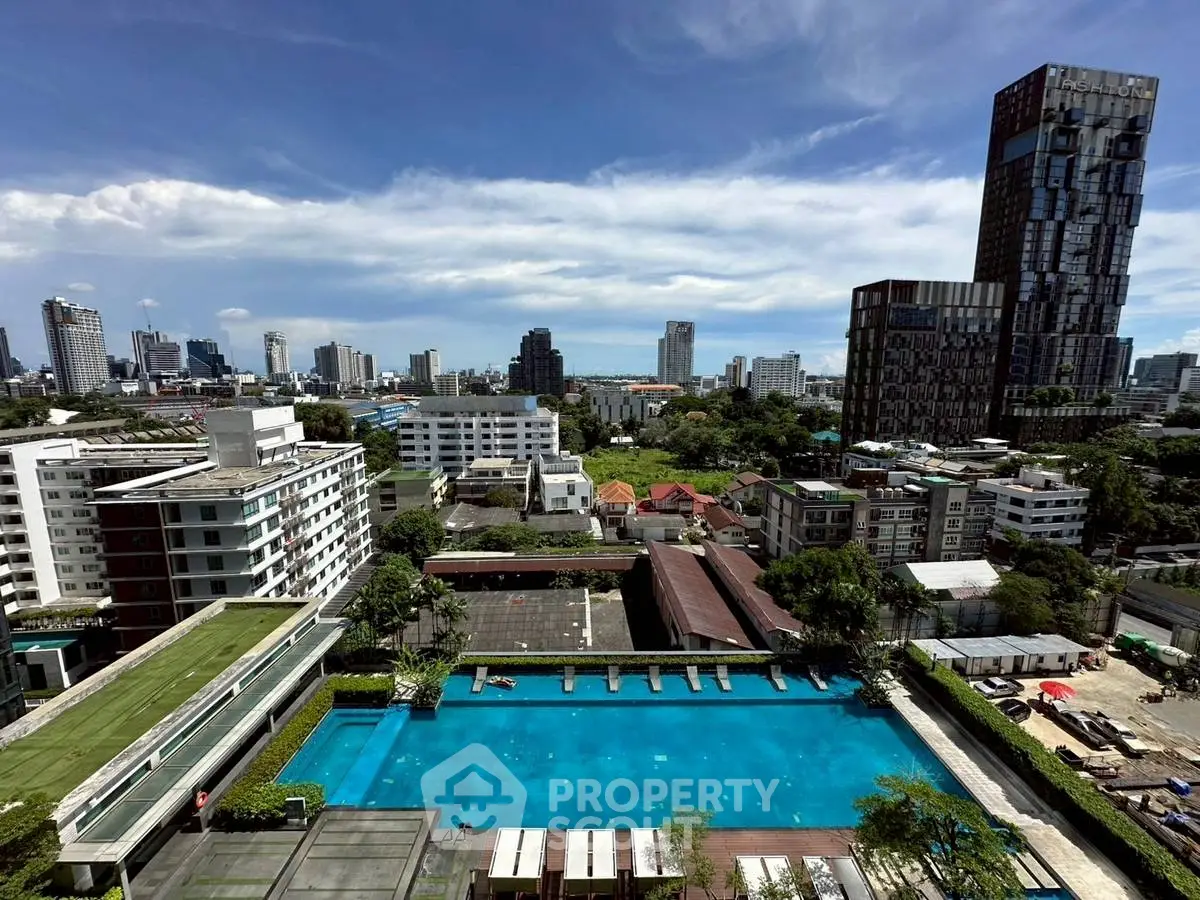 Stunning cityscape view with luxurious pool and modern high-rise buildings, perfect for urban living.