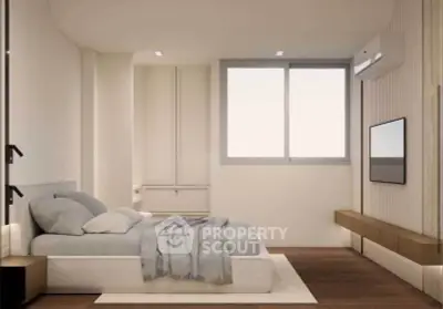 Modern minimalist bedroom with large window and sleek furnishings