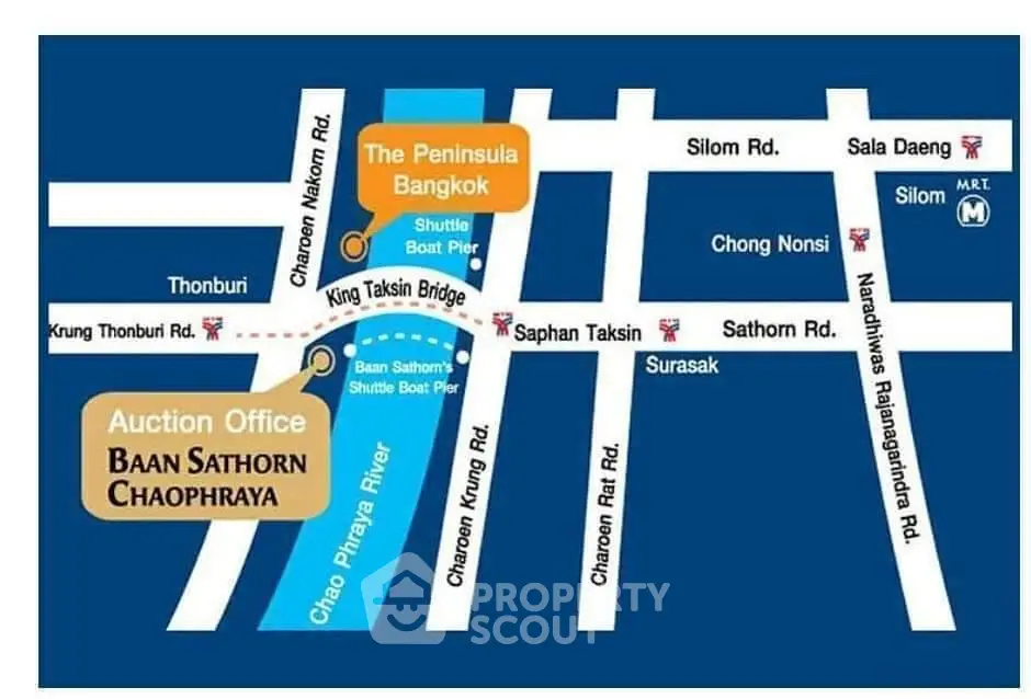 Map showing location of Baan Sathorn Chaophraya near Chao Phraya River and King Taksin Bridge.