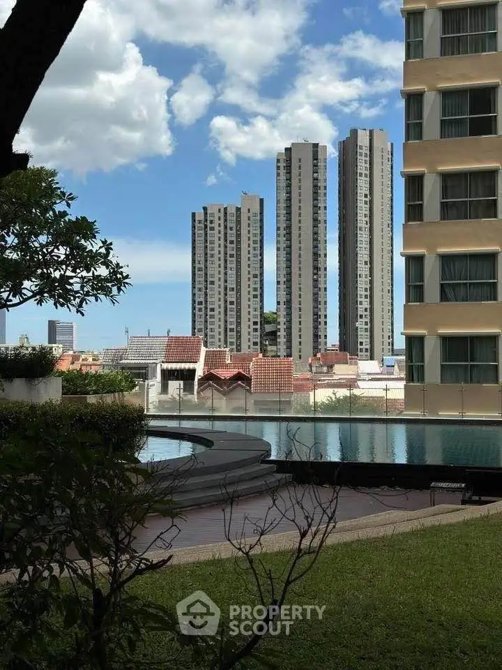 Luxurious high-rise apartment with stunning pool and city skyline view, perfect for urban living.