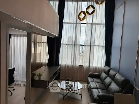 Modern high-rise living room with floor-to-ceiling windows and stylish decor