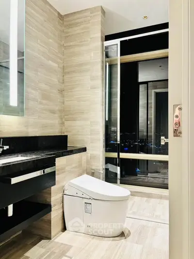 Luxurious modern bathroom with city view, featuring sleek fixtures and elegant design.