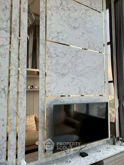 Luxurious living room with marble wall and city view