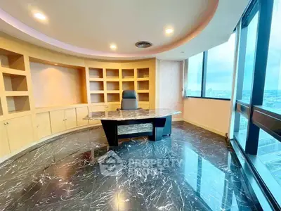 Luxurious office space with marble flooring and panoramic city views