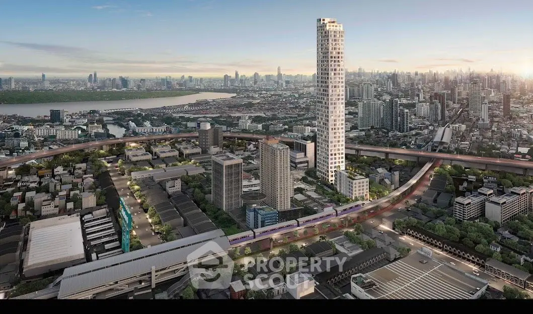 Stunning aerial view of modern high-rise building in bustling cityscape with river and skyline.