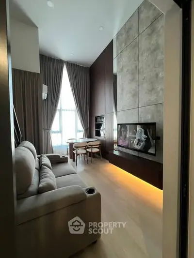 Modern living room with high ceiling and stylish decor