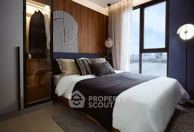 Luxurious bedroom with stunning city view and modern decor