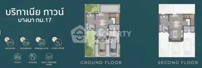 Modern two-story house floor plan with detailed layout and amenities icons.