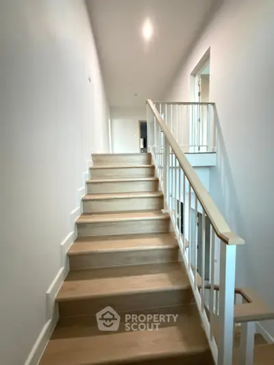 Modern staircase with wooden steps and white railing in a contemporary home interior.