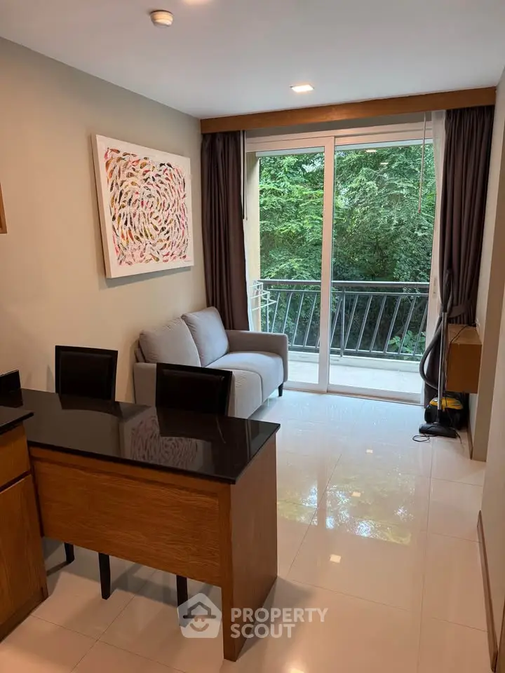 Modern living room with balcony view and stylish decor