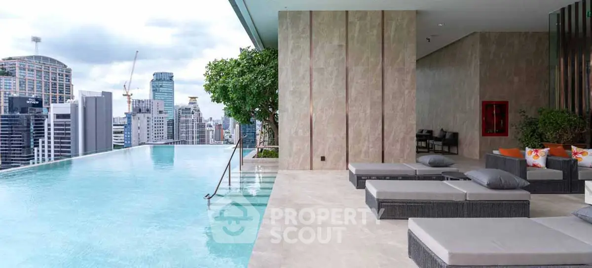 Luxurious rooftop pool with stunning city skyline view and modern lounge area.