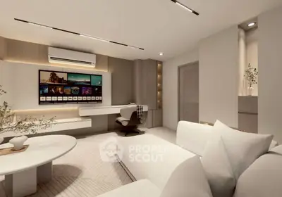 Modern living room with sleek furniture and integrated entertainment system