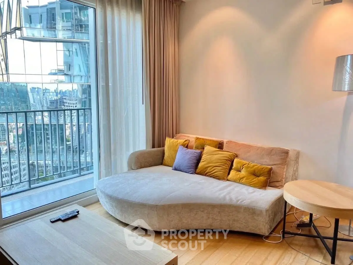 Stylish living room with modern sofa and city view from large window