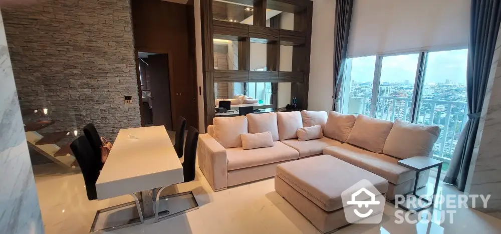 Luxurious modern living room with panoramic city view and elegant dining area