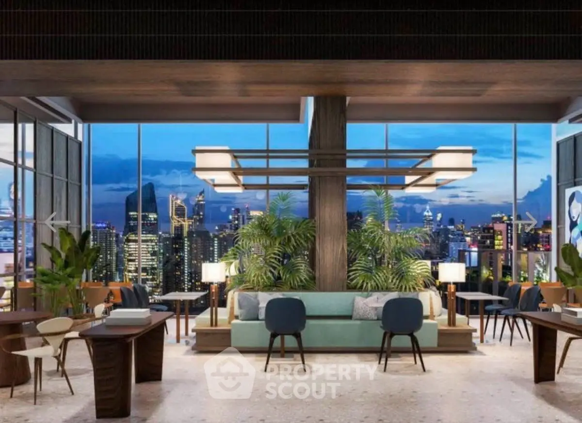 Luxurious modern living room with stunning city skyline view and elegant decor
