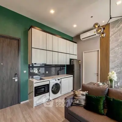 Modern apartment interior with compact kitchen and stylish decor