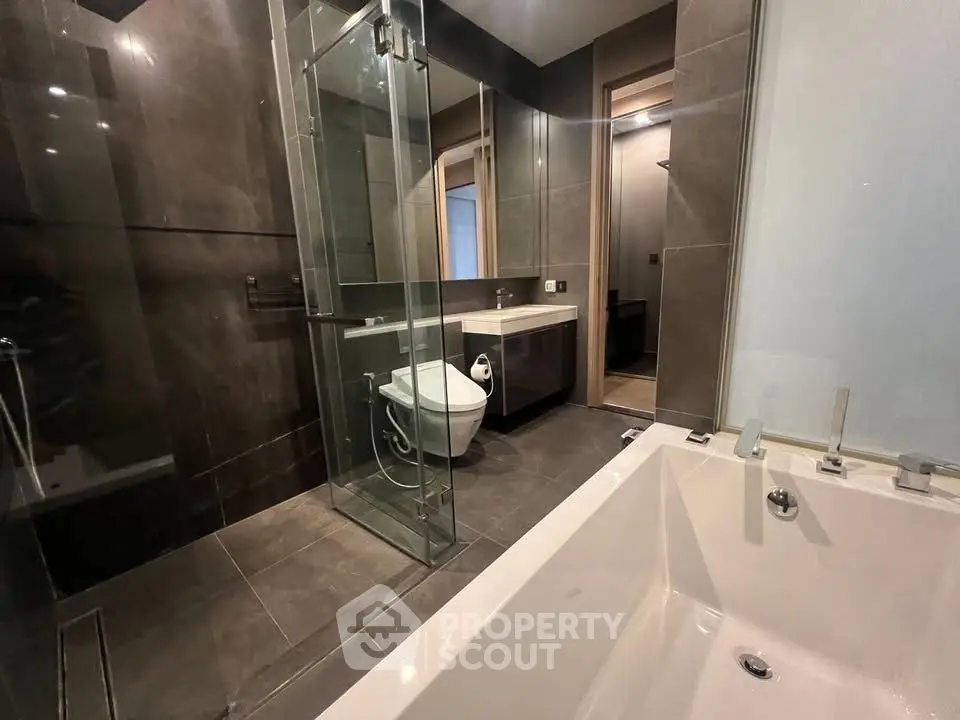 Luxurious modern bathroom with sleek design and spacious bathtub
