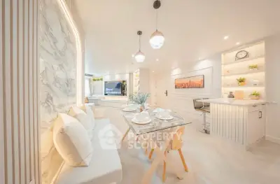 Luxurious open-plan living and dining area with modern decor and ambient lighting