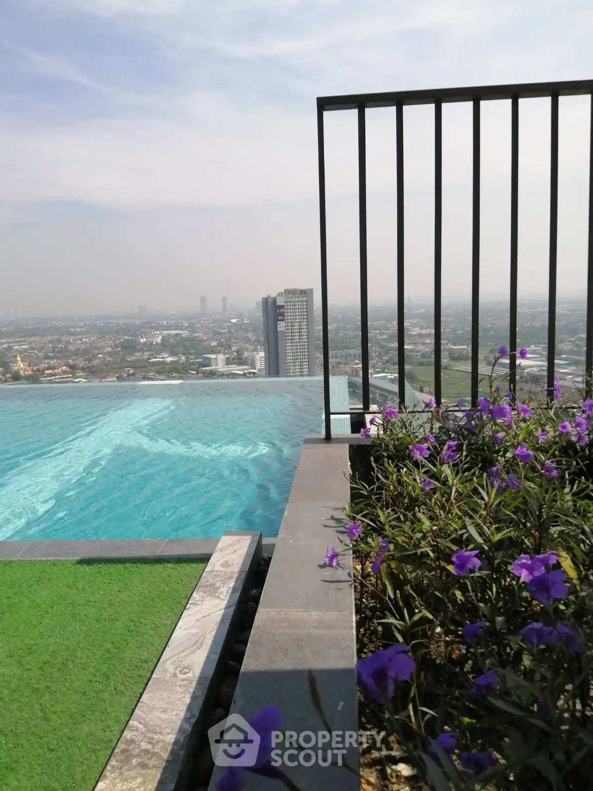 Stunning rooftop pool with panoramic city view and vibrant flowers.