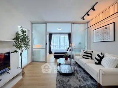 Modern living room with stylish decor and cozy seating area