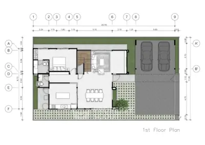 Modern first floor plan with spacious layout and two-car garage, ideal for contemporary living.