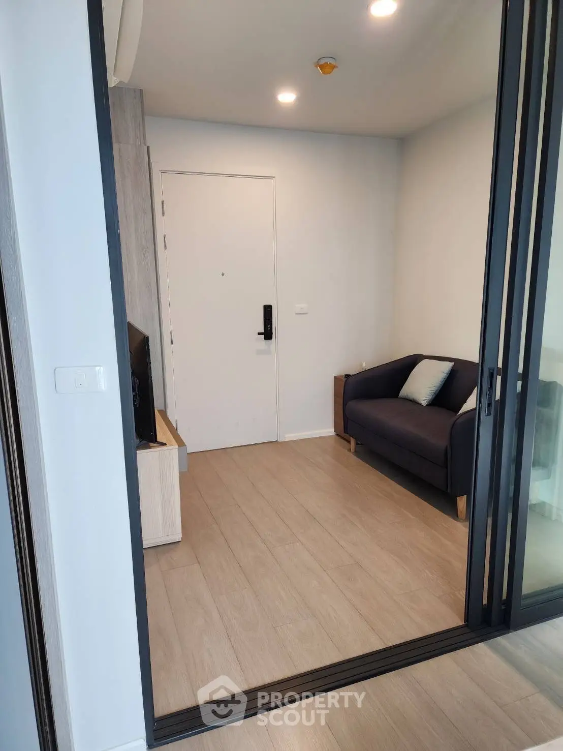 Modern small living room with sleek design and cozy sofa