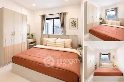 Cozy bedroom with modern decor and ample natural light, featuring a comfortable bed and stylish wardrobe.