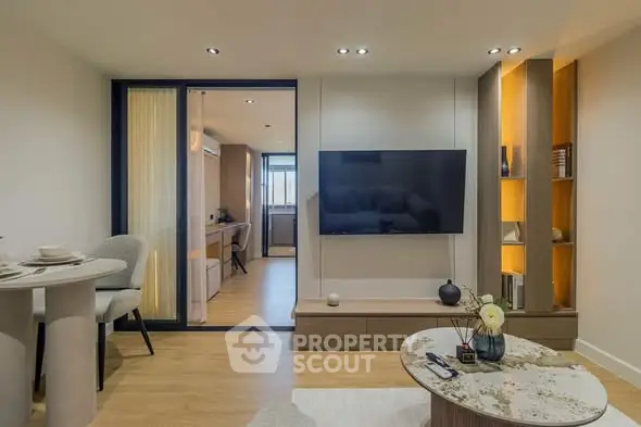 Modern living room with sleek TV setup and stylish decor