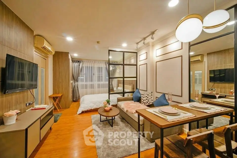 Modern open-plan living room with stylish decor and cozy ambiance