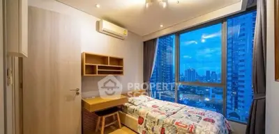 Modern bedroom with city view, featuring large windows and stylish decor.