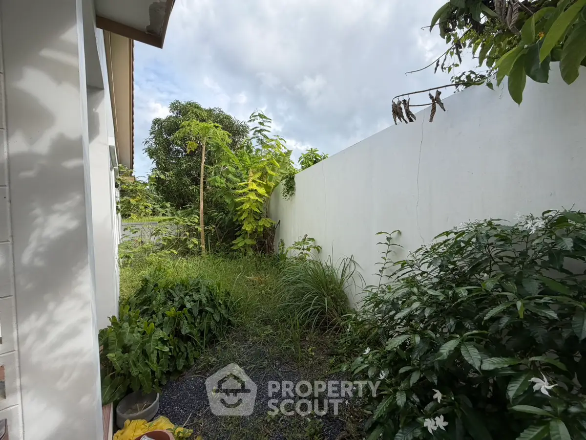 Charming garden area with lush greenery and privacy wall, perfect for relaxation.