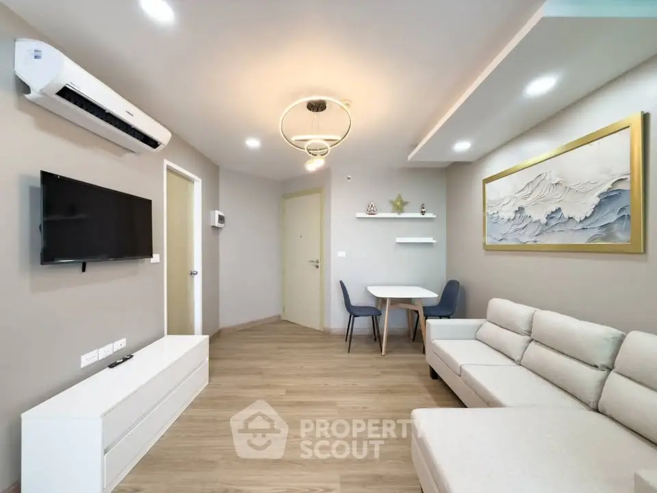 Modern living room with stylish decor and cozy seating area