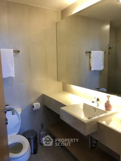 Modern bathroom with sleek fixtures and large mirror