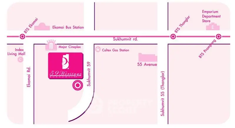 Map showing location of 59 Heritage near BTS Thonglor and Emporium Department Store.