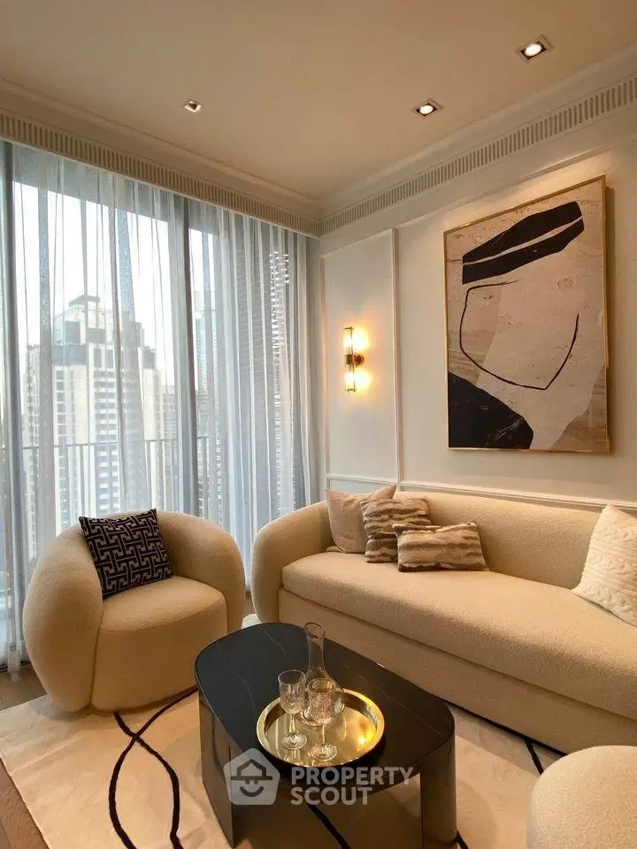 Luxurious modern living room with elegant furniture and city view, perfect for urban living.