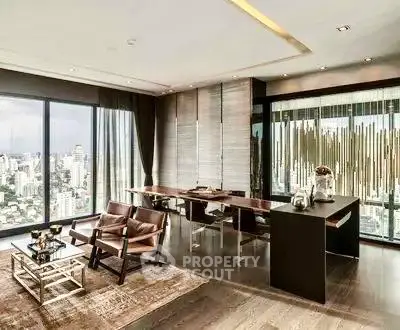 Luxurious modern living room with panoramic city view and elegant decor.