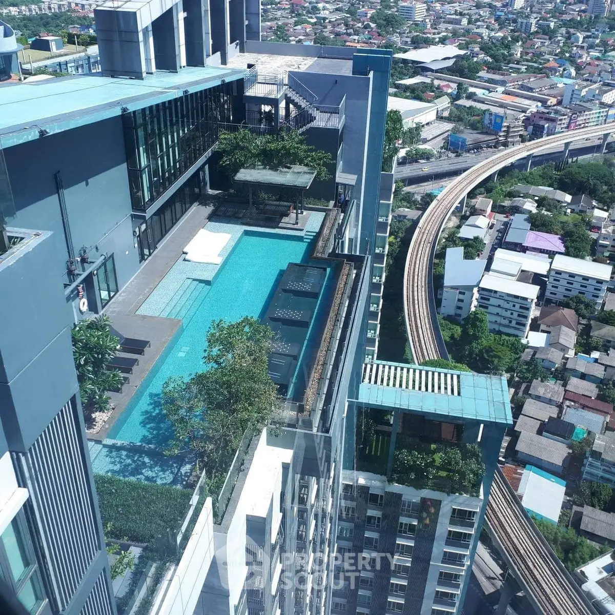 Stunning rooftop pool with panoramic city views in a modern high-rise building.