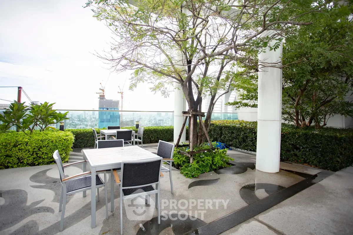 Stunning rooftop garden with modern outdoor seating and lush greenery, offering a serene escape with city views.
