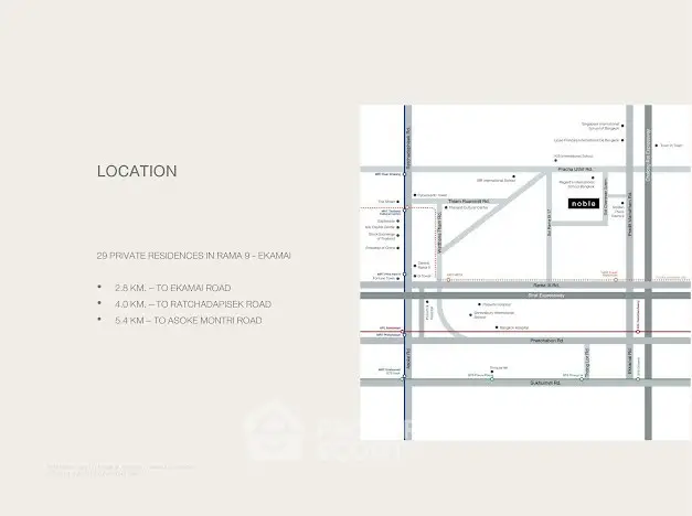 Map showing location of private residences in Rama 9 - Ekamai area with nearby road distances.
